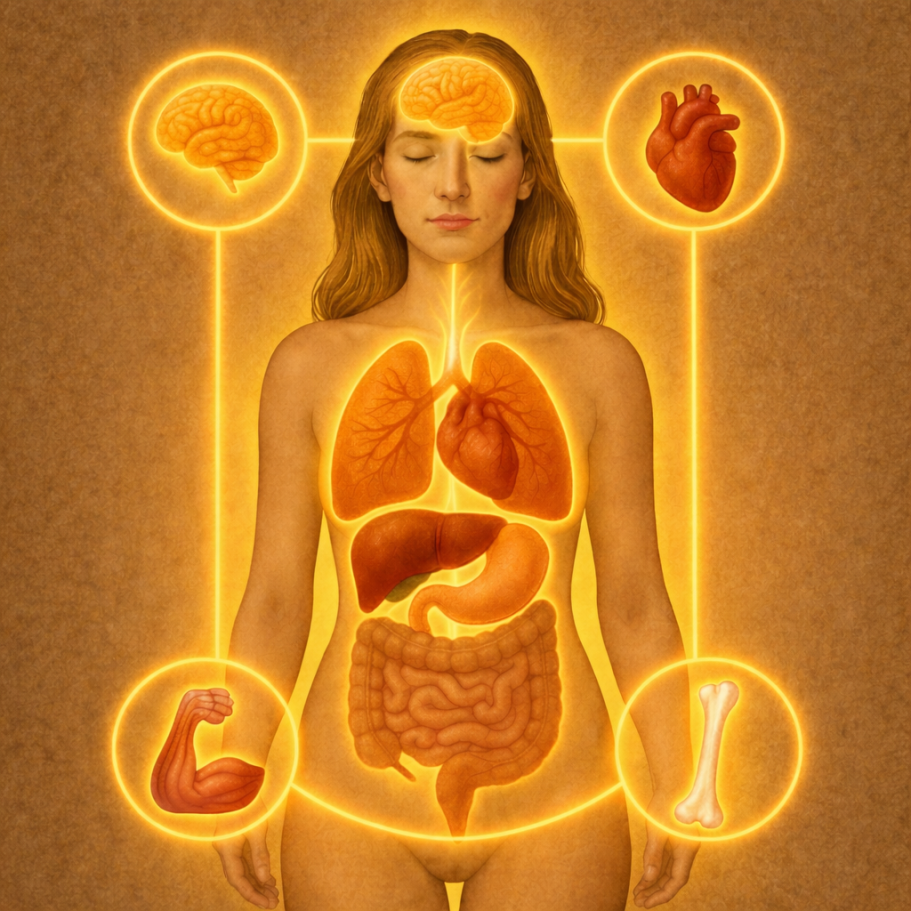 Grafik einer Frau mit schematischer Darstellung ihrer Organe und Körperfunktionen.